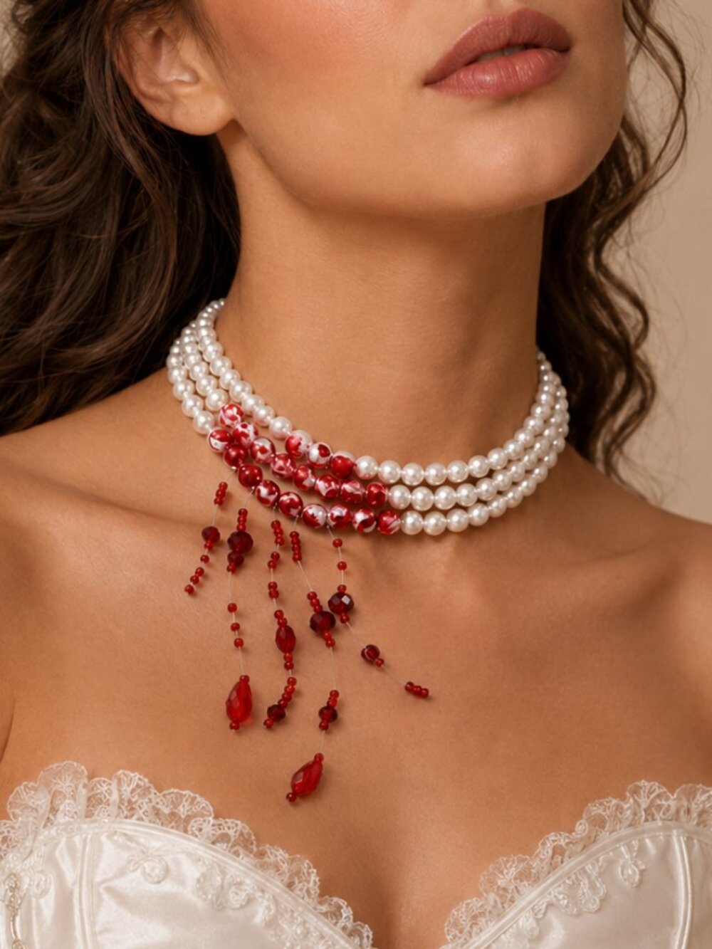 ✨ Blood Red Pearl Choker Necklace Gothic Dripping Bead Statement